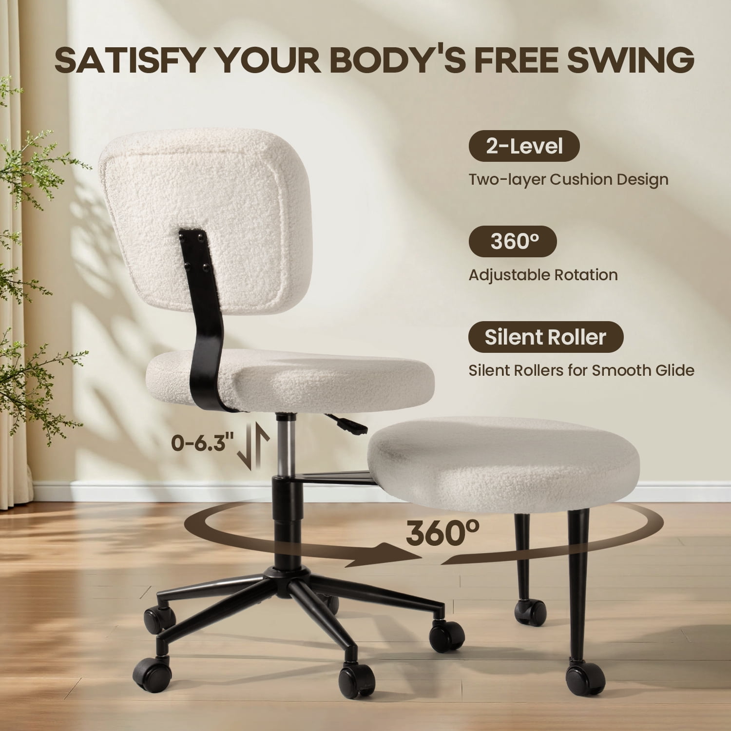 Waleaf Ergonomic Cross Legged Office Chair, Boucle ADHD & Meditation Chair for Adult, Lumbar Support Swivel Wide Seat, Yoga & Kneeling chair