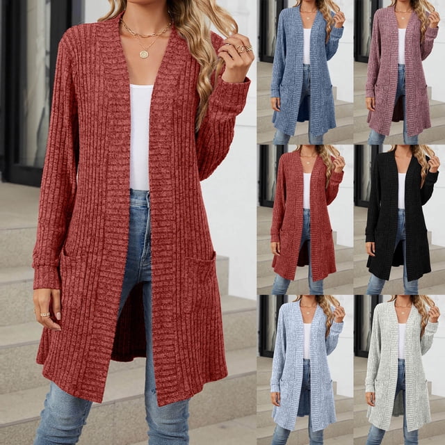 Meichang Womens Long Cardigan Sweaters Open Front Long Sleeve Ribbed Knit Cardigan Fall Soft Slim Fit Dressy Cardigans Outwear Top with Pockets
