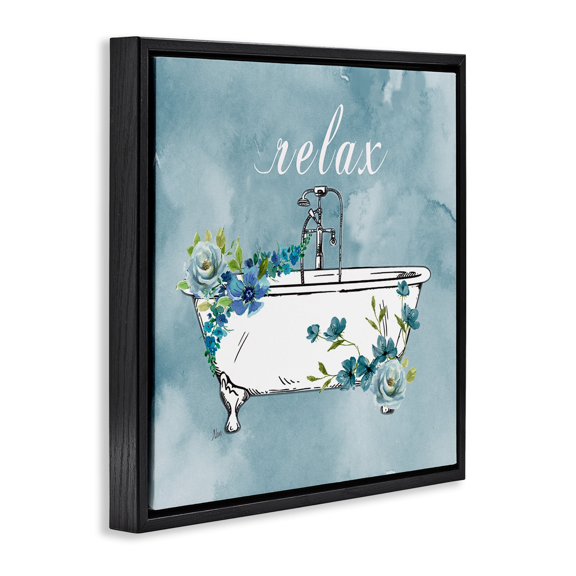 Stupell Industries Floral Bathroom Rules Relax Black Framed Floater Canvas Wall Art, design by Nan