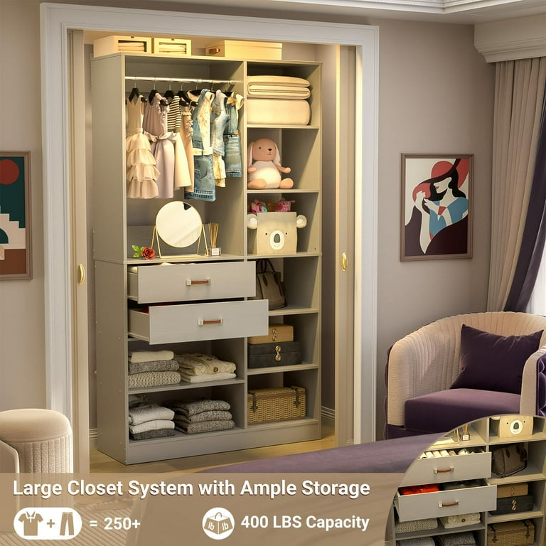 Homieasy Freestanding Closet System, 40 Inches Stand-Alone Wardrobe with 10 Shelves, 80'' Height Adjustable Cloth Garment Rack with 2 Wood Drawers, Homieasy Freestanding Closet System, 40 Inches Stand-Alone Wardrobe with 10 Shelves, 80'' Height Adjustable Cloth Garment Rack with 2 Wood Drawers,