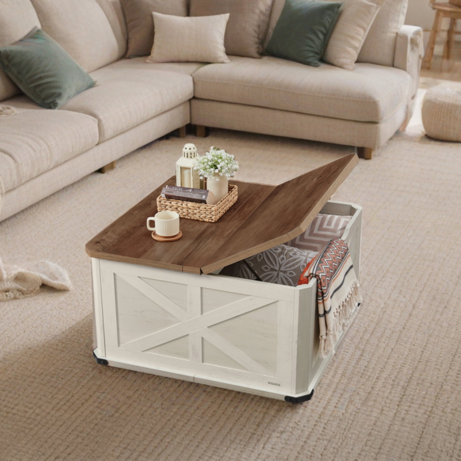 LEDREM Farmhouse Square Coffee Table with Flip-Top Storage, 31.5" Rustic Center Table for Living Room, Honey Brown and White