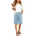 thumbnail image 5 of HAOTAGS Teen Girls Linen Shorts(4-15), Elastic Waist with Drawstring Summer Daily Shorts with Pockets Blue 8-9Years, 5 of 8