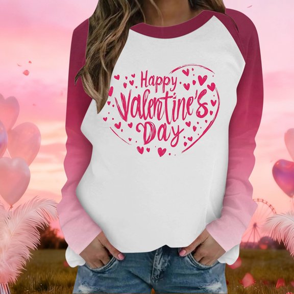 VKOYWKM Valentines Day T-Shirt Women Long Sleeve Raglan Love Heart Print Pullover Loose Fit Casual Spring Tops Holiday Gifts