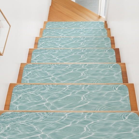 Water Ripples Stair Treads Non Slip for Steps Coastal Minimalist Ocean Turquoise Aqua Liquid 7 Pcs Reusable Adhesive Stair Runner Mats for Dogs Elders Carpet Treads Rugs for Staircase 8x30 In