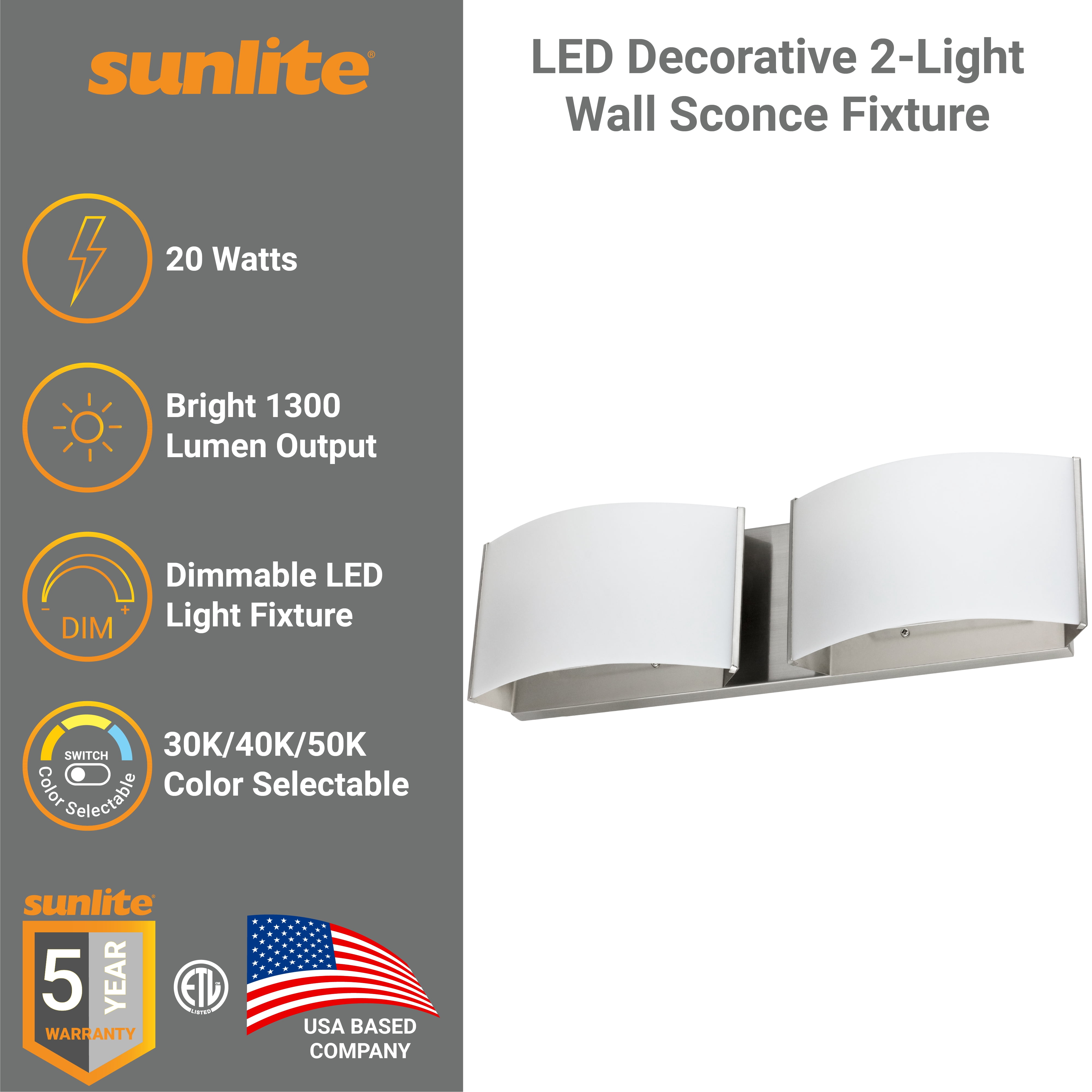 Sunlite 82112 LED Decorative Vanity Light Fixture, 20 Watts, 1300 Lumens, Color Selectable 30K/40K/50K, 2 Lights, Dimmable, 90 CRI, ETL Listed, Brushed Nickel, for Bathroom, Powder Rooms, and Hotels