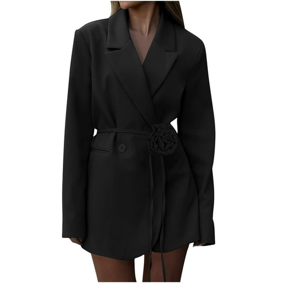 ZQUUVOU Blazers Dress for Women Business Casual Lady Fashionable Floral Belted Blazer Top with Pocket for Wedding Guset Office Wear Black