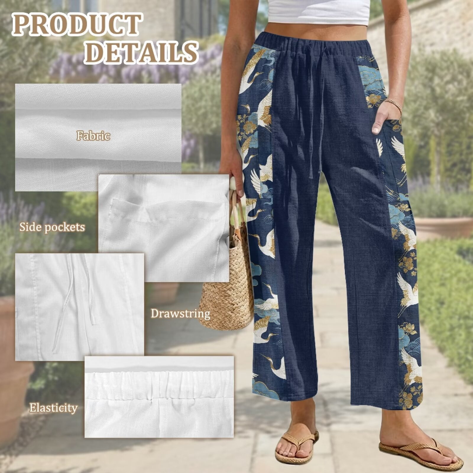 Yuyamidu Womens Linen Pants Beach Size 2XL Flowy Petite Palazzo Pants Wide Leg Lightweight Vacation Trousers Chinese Print Outfits, Chinese Bird Crane