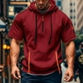 thumbnail image 2 of MIXUE Shirts For Men Summer Solid Color Hooded Drawstring Short Sleeve Pockets Sweatshirt Breathable Lightweight Pullover Tops T Shirts Holiday Wear,Red,M, 2 of 5