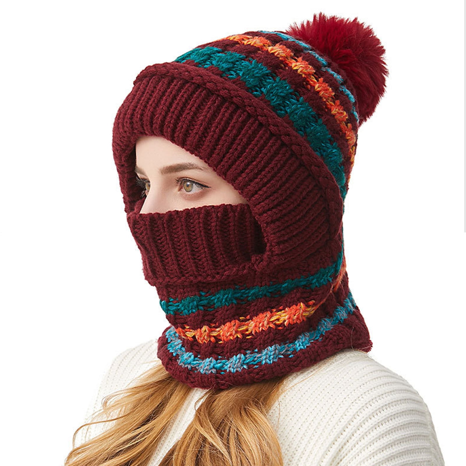 Cadancy Women Winter Hats 3 In 1 Beanie Hat with Scarf and Mask Chunky Knitted Color Block Snow Caps Pompom Cute Warm Stocking Cap Windproof Cozy Cold Weather Balaclava