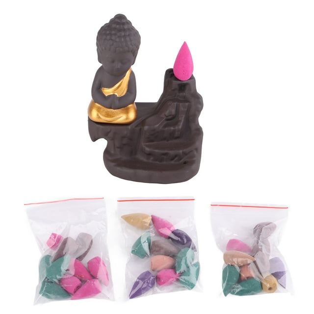 Quemador de incienso con reflujo de monje, cómodo y relajante soporte de incienso con cascada de arena morada con 30 varillas de incienso para yoga, oficina, color amarillo dorado