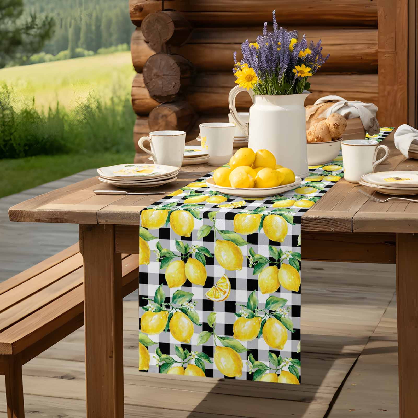 Summer Lemon Fruit Farm Harvest Table Runner 90 Inches Long, Black White Buffalo Plaid Table Runners Tabletop Scarf Kitchen Dining Tables Decoration for Home Party Indoor Outdoor