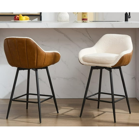 Modern Swivel Bar Stools Set of 2, 26" Counter Height Bar Stools for Kitchen Island, Upholstered Fabric Barstools Island Chairs with Backs and Metal Legs