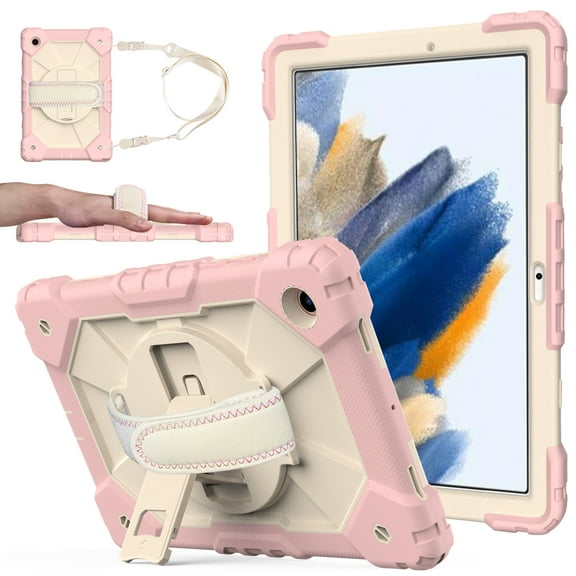 Galaxy Tab A8 10.5 Case 2022, Colorful Heavy Duty Shockproof Kids Silicone Cover with Hand Strap Kickstand Shoulder Strap for Samsung Galaxy Tab A8 10.5 Inch 2022 (SM-X200/X205/X207),Rosegold Beige