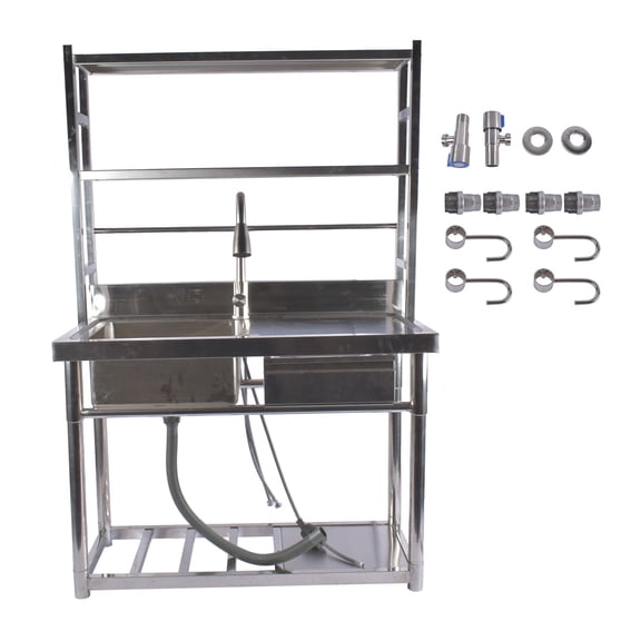 39.3'' Stainless Steel Utility Sink with Shelves & Right Drawer & Cold and Hot Water Pipes & Pull-Out Faucet & Adjustable Legs, Laundry Sink with Cabinet for Kitchen Garage Laundry Room (Left Bowl)