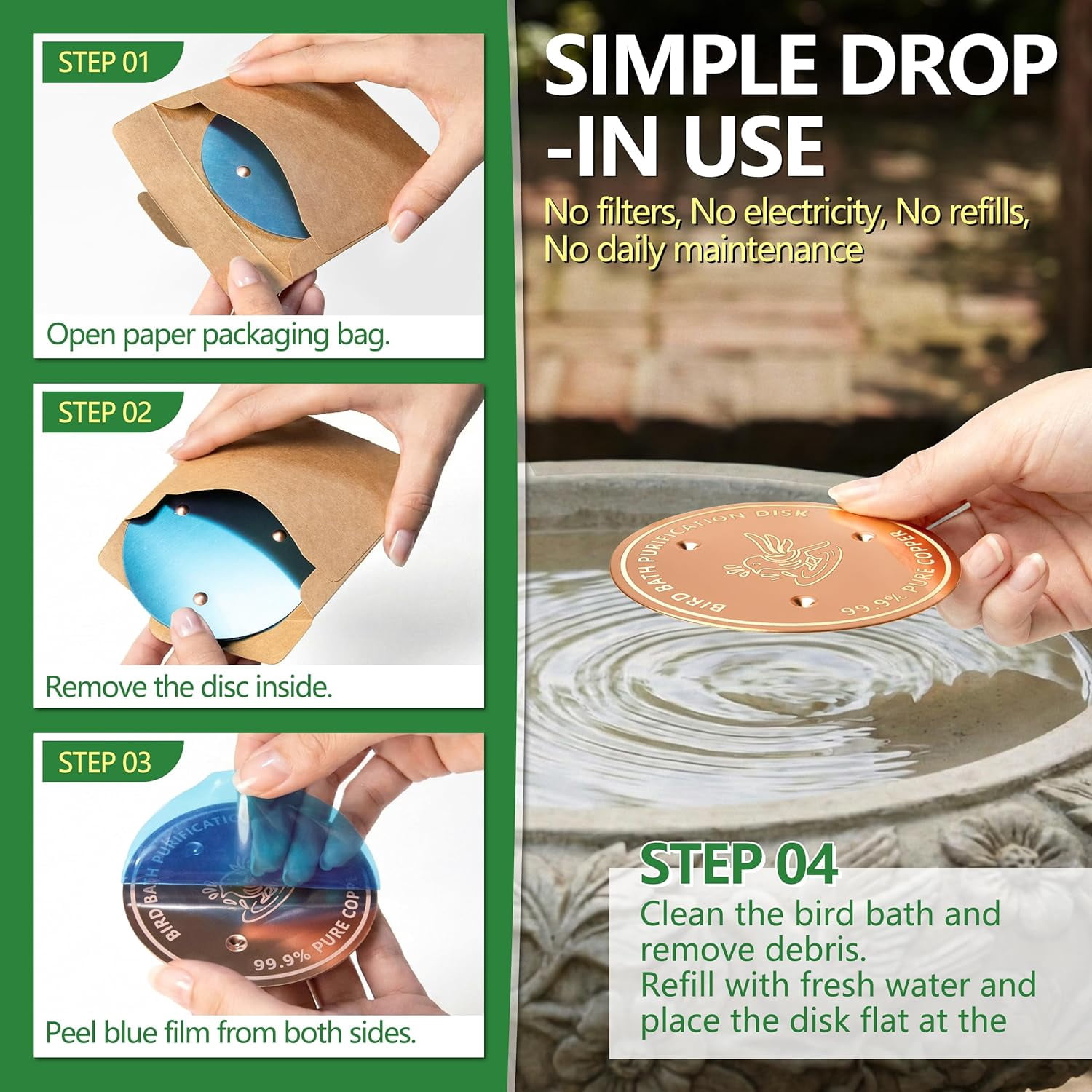 2 Pack Bird Bath Copper Disk, 0.6mm Thick 99.9% Copper Disk for Outdoor Bird Baths, Bowls, Fountains, All-Season Use