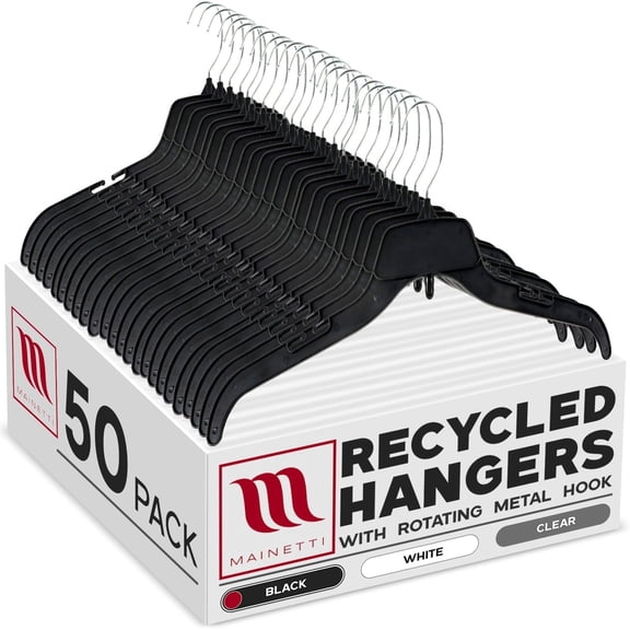 Mainetti Black Recycled Plastic Clothes Hangers 50 Pack | 17-Inch Space Saving Hangers with Rotating Metal Hook & Notches for Straps | Closet Hangers Ideal for Shirts, Tops and Dresses (484BRSEMN50)