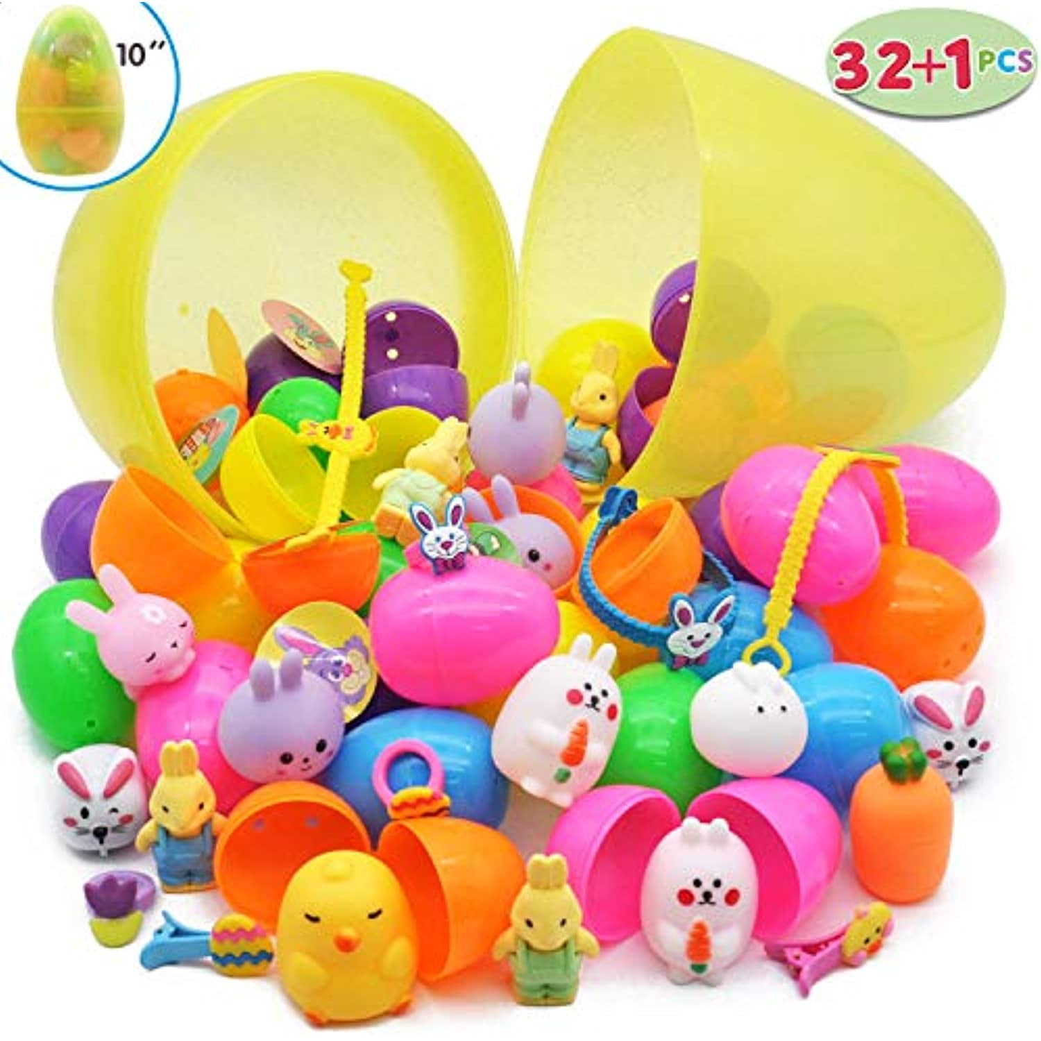 32 Pcs Prefilled Easter Eggs plus one 10" Jumbo Plastic Glitter