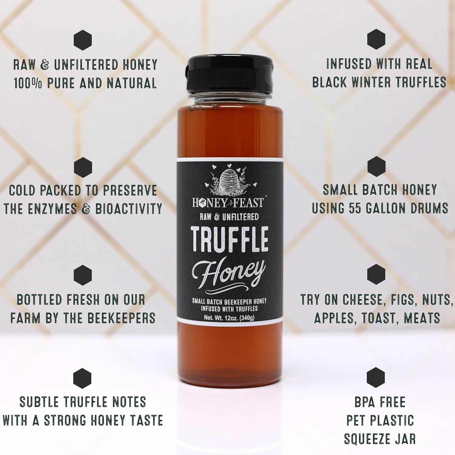 HONEY FEAST Truffle Honey 12OZ (Pack of 3) - Gourmet Infused Honey with Premium Black Truffle, Luxurious Truffle Sauce for Culinary Delights, Perfect Foodie Gift & Unique Flavor Experience
