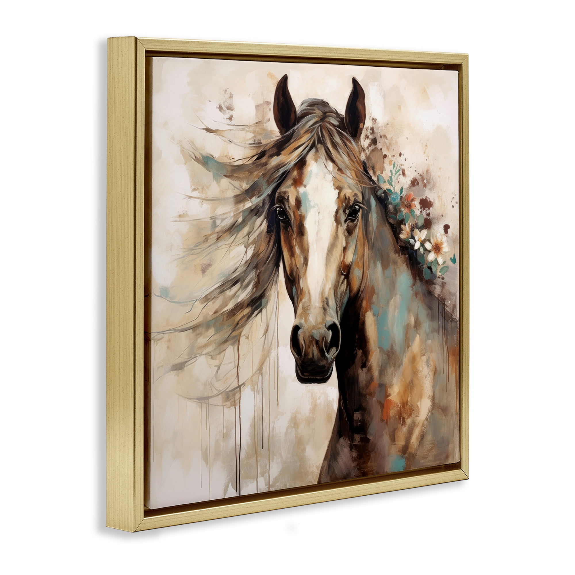 Stupell Industries Brown Horse with Florals Animals & Insects Painting Gold Floater Framed Canvas Art Print Wall Art, 18 x 18