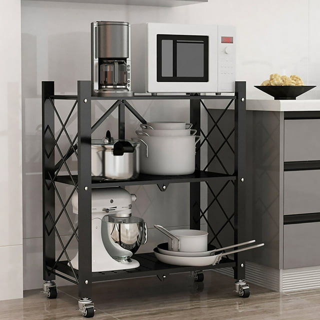 Kitchen Folding Storage Rack Multi-layer Microwave Oven Pan Stand Removable Metal Organizer Shelf, Black, 3 Layer