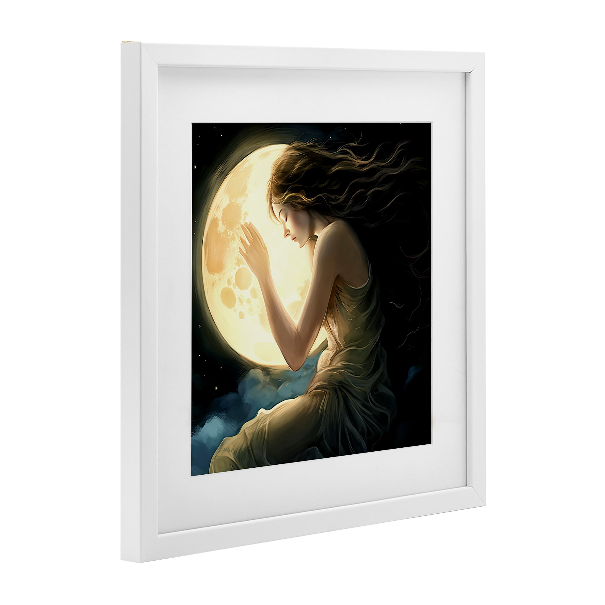 Ethereal Moon Love White Framed Print Under Glass, design by Sasha