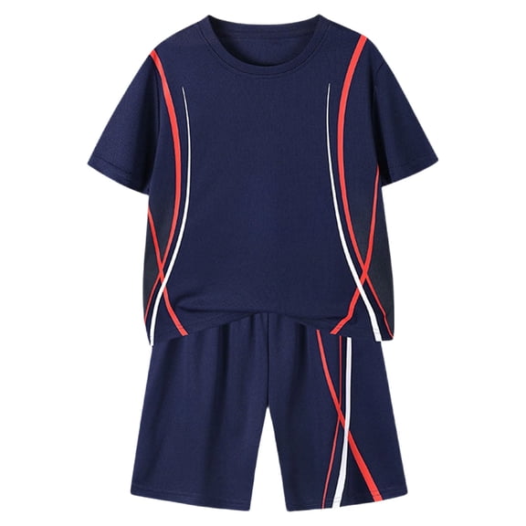 KPOPLK Boys Summer 2 Piece Outfits 2-14 Years Quick Dry Moisture Wicking Shirts and Stretch Shorts with Pockets Size 9-10 Years,Navy