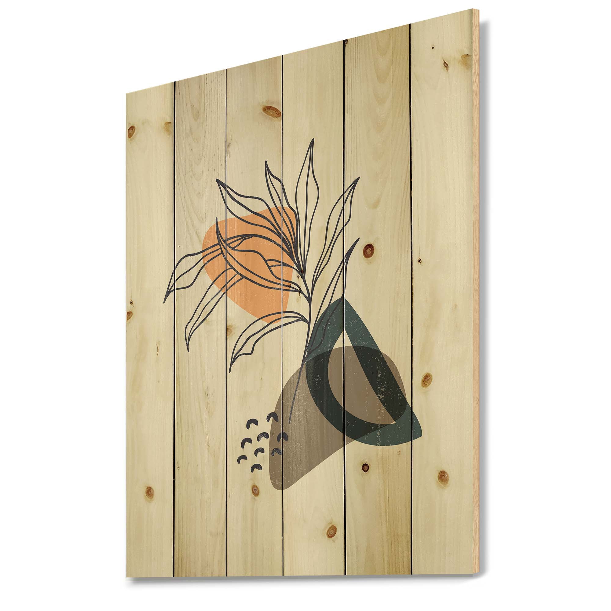 Designart 'Minimalist Shapes With Ancient Plant I' Modern Print on Natural Pine Wood