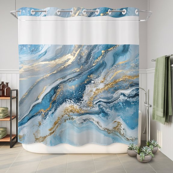 No Hook Shower Curtain Blue Ocean Waves Waterproof Fabric Shower Curtain Golden Modern Abstract Art Hotel Style Bathroom Curtain with See Through Top Window Machine Washable 72x78in
