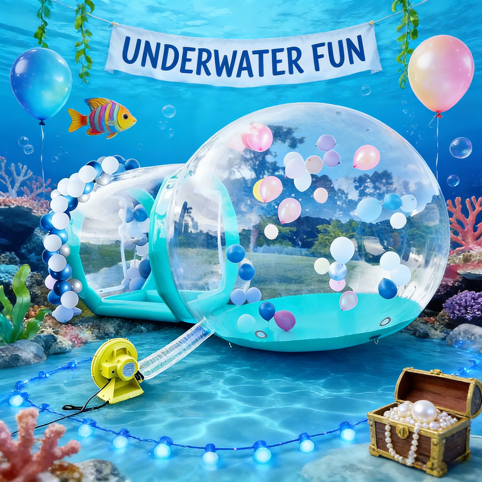 Vakiorn Cyan Inflatable Bubble House 10 ft Clear PVC Dome with Tunnel and Air Pump Kids Playhouse for Yard Party Decoration
