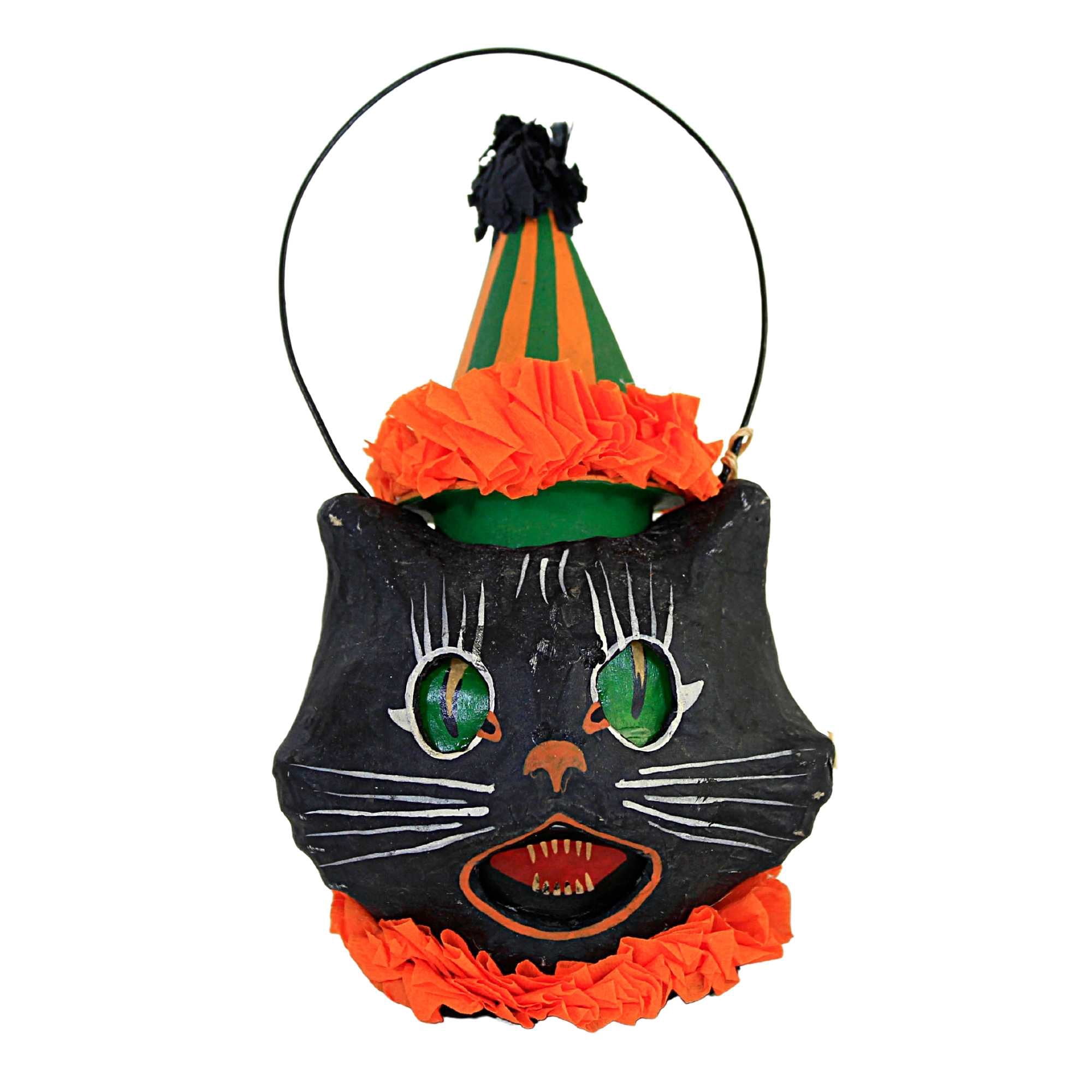 Halloween Sassy Cat Mini Bucket Paper Mache Black Cat Clown Hat Tj0472