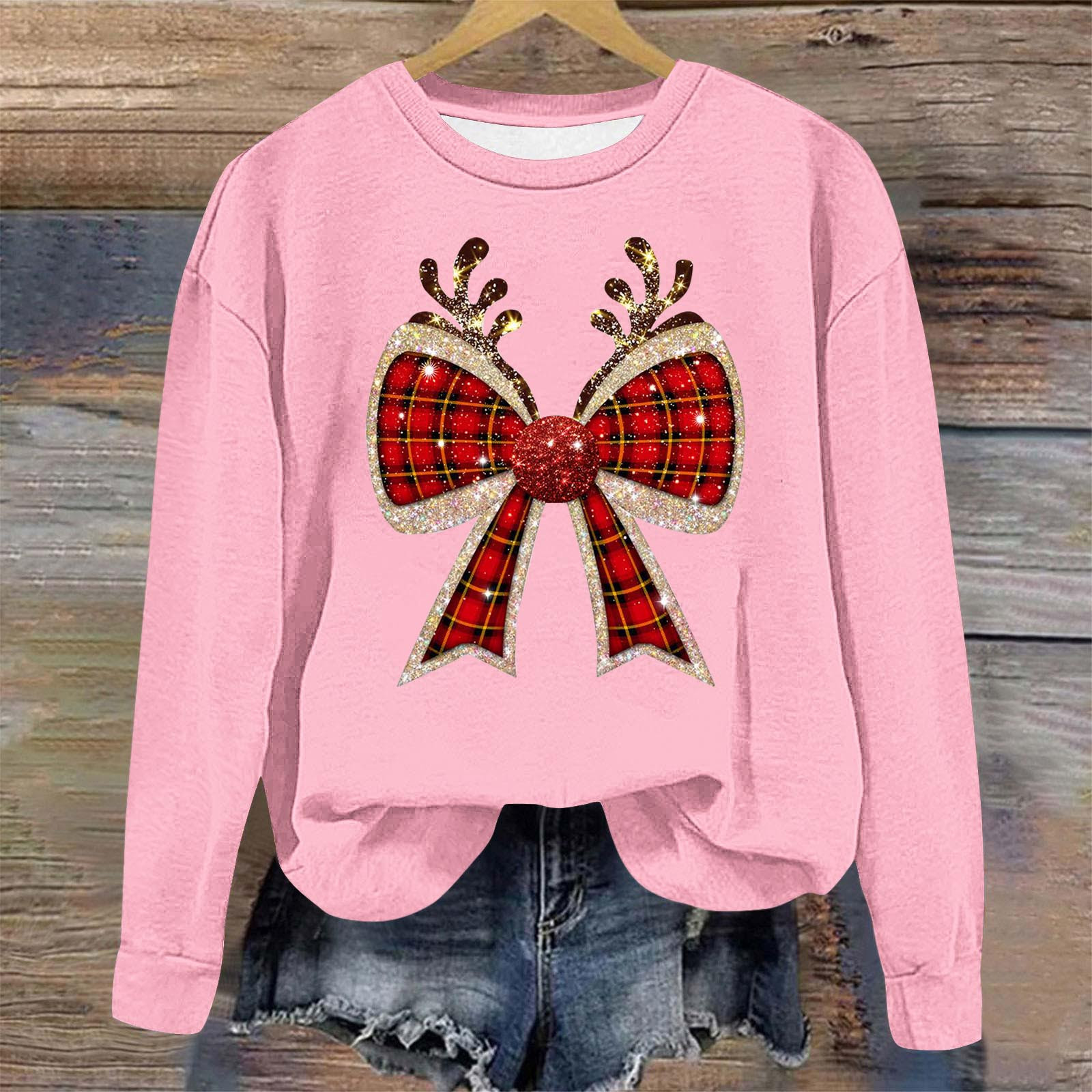 Bow Antler Sweatshirts Women Long Sleeve Christmas Graphic Tees Funny ...