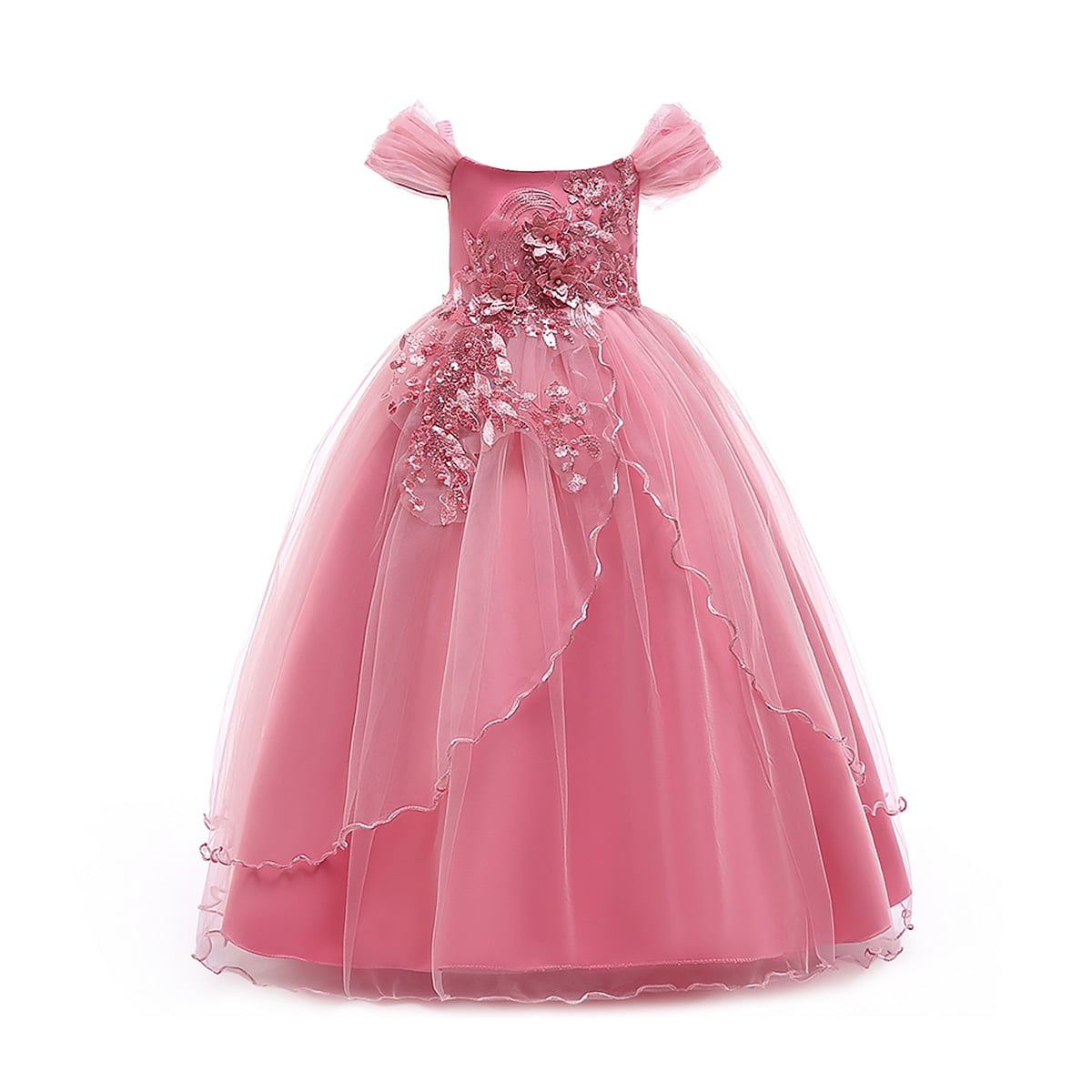 OBEEII Flower Girls Dresses Floral Lace Splicing Sleeveless Formal Dress Princess Tulle Long Dress up for First Communion Wedding Bridesmaid Birthday Evening Party Prom Dance Ball Gown 4-14 Years 