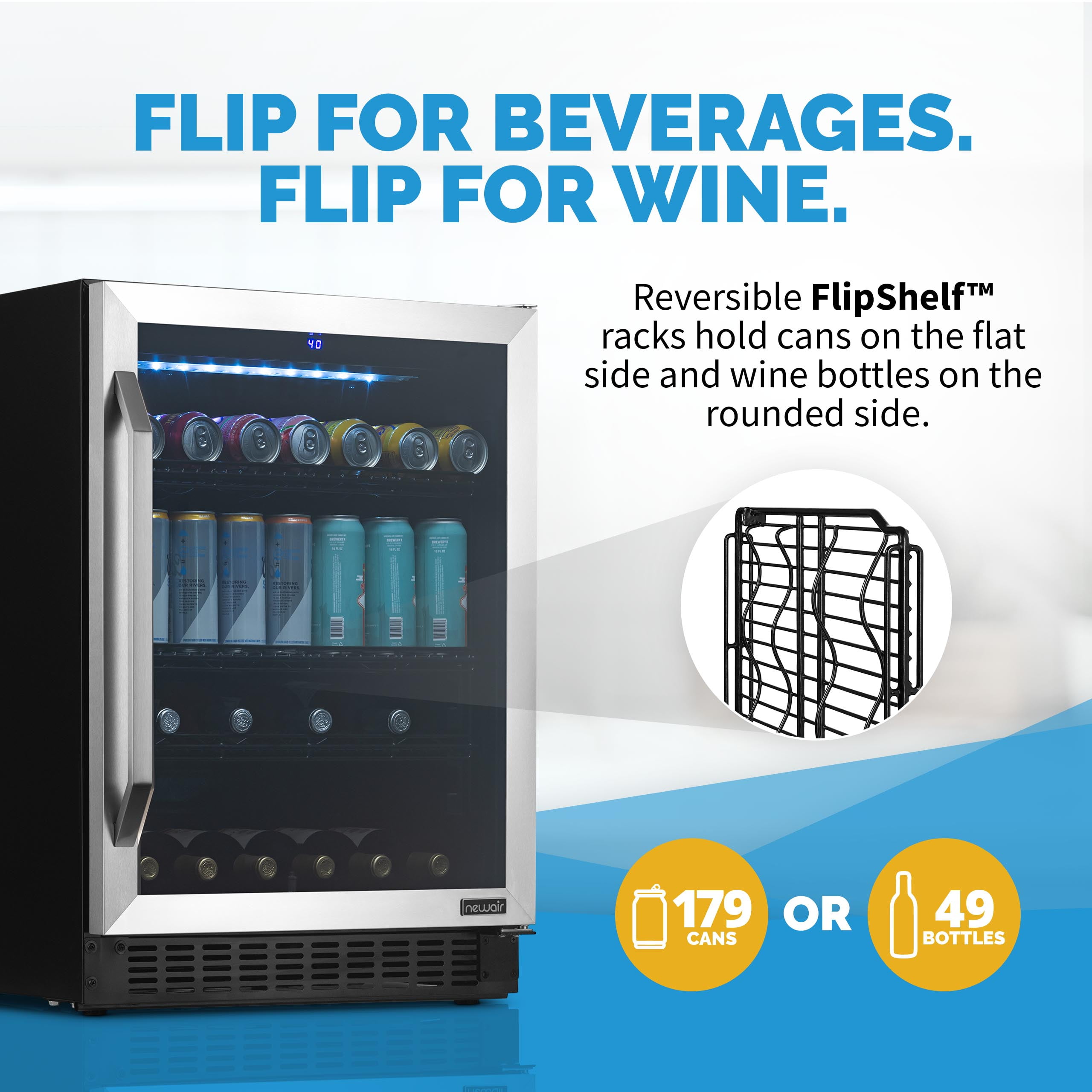 Newair 24” Wine and Beverage Fridge with Reversible FlipShelf™ Racks 179 Can or 49 Bottle