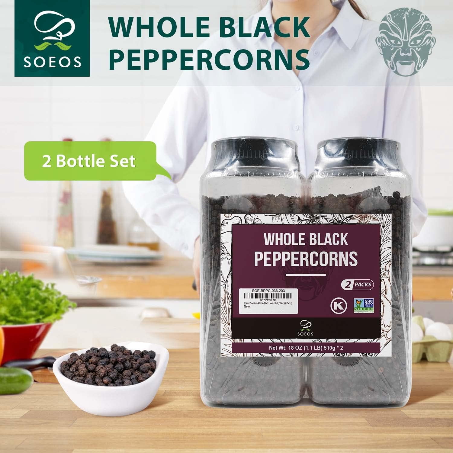 Soeos Whole Black Peppercorns, 36oz (Pack of 2), Non-GMO, Kosher, Packed to Keep Peppers Fresh, Peppercorn for Grinder Refill, Whole Peppercorns