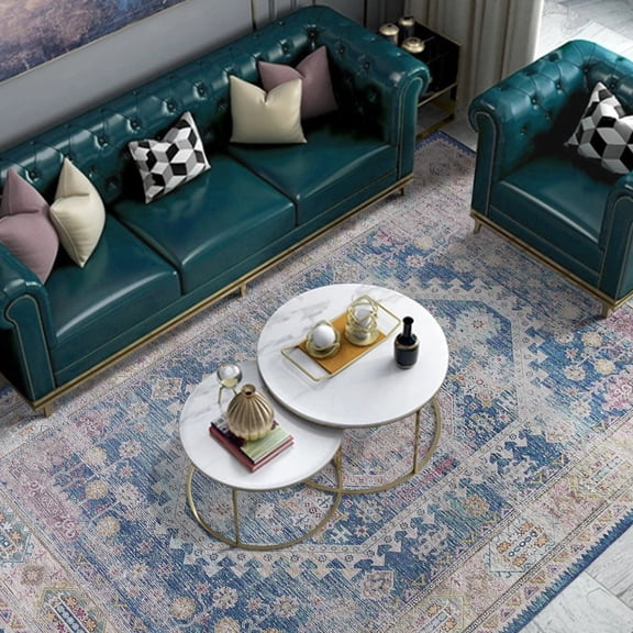 Blue Beige Vintage Faded Distressed Print 7'6" x 10'3" Area Rug/ Carpet by Makymo