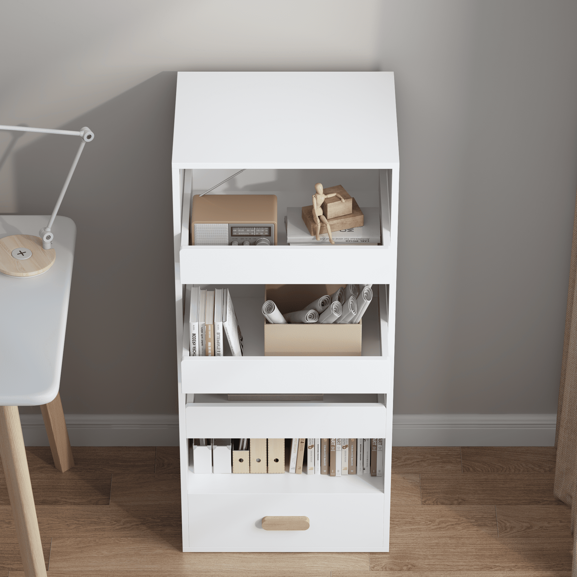 4-Tier Freestanding Bookshelf with 3 Sliding Drawers and 1 Bottom Drawer, White