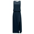 thumbnail image 4 of USSUMA Dresses for Women 2025 Casual Spring Summer Dresses Sleeveless Crew Neck Casual Solid Color Split Maxi Dress Elegant Skirt Breathable Dress School Clearance Sale Navy Dress Size-XL, 4 of 4