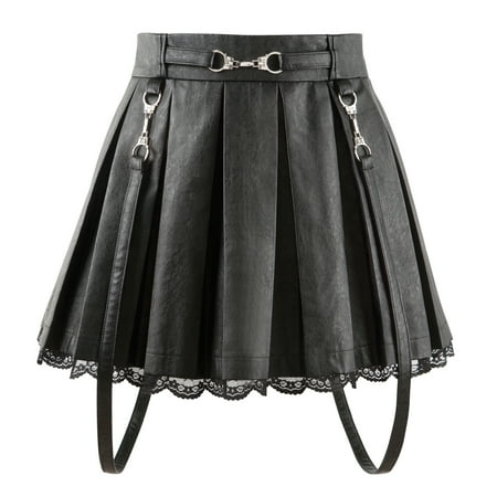 Littleforbig Women's A-Line Pleated Faux Leather Flared Casual Lace Trim Mini Skirts - Troublemaker Black X-Small