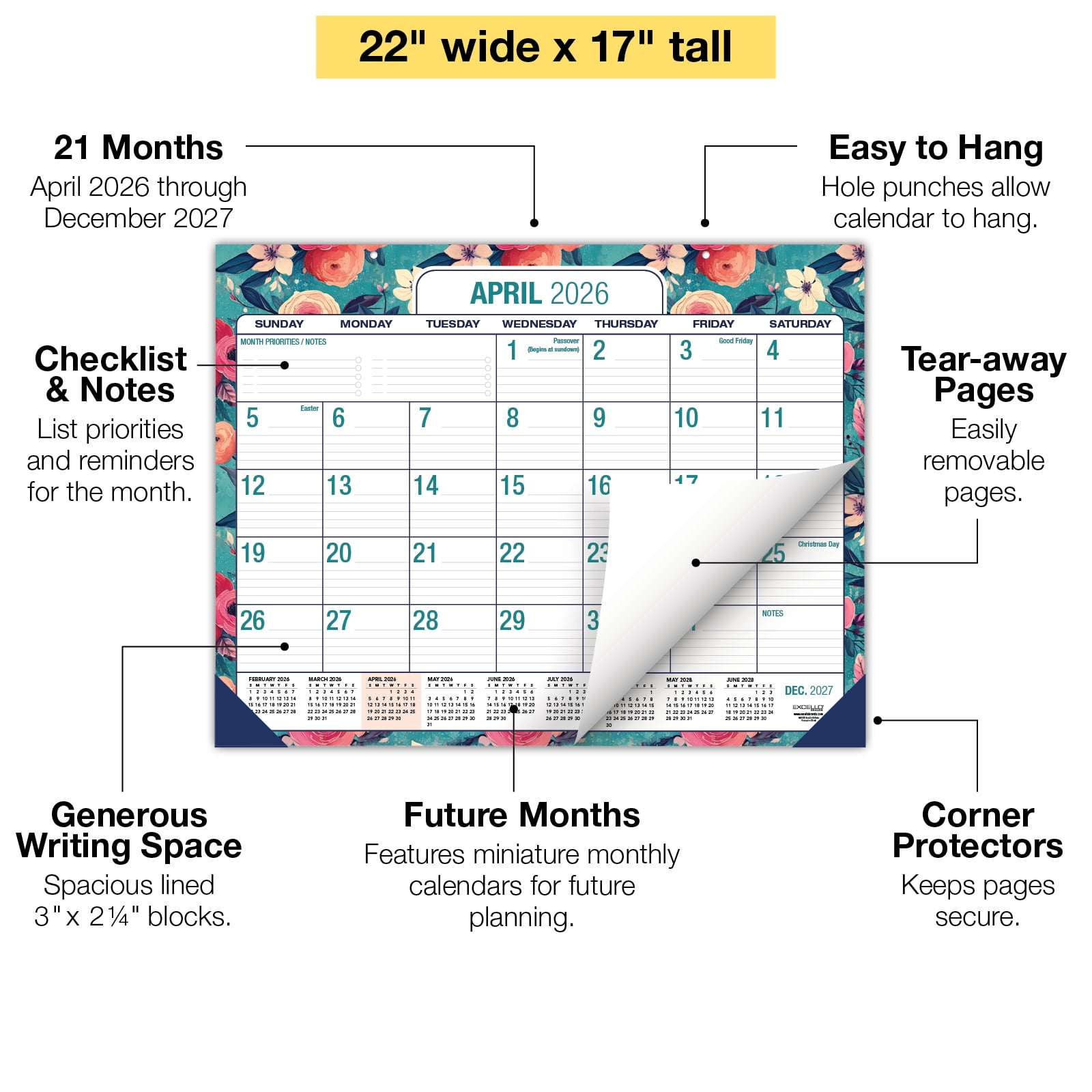 Excello Brands Desk Pad AY 2026-2027 - 22"x17" (Teal Floral)