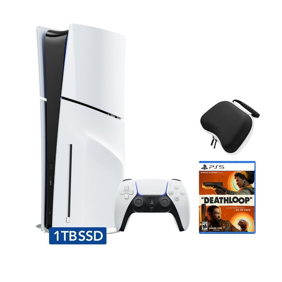 PlayStation 5 Slim Disc Edition Bundle with DEATHLOOP and Controller Case - PS5, White