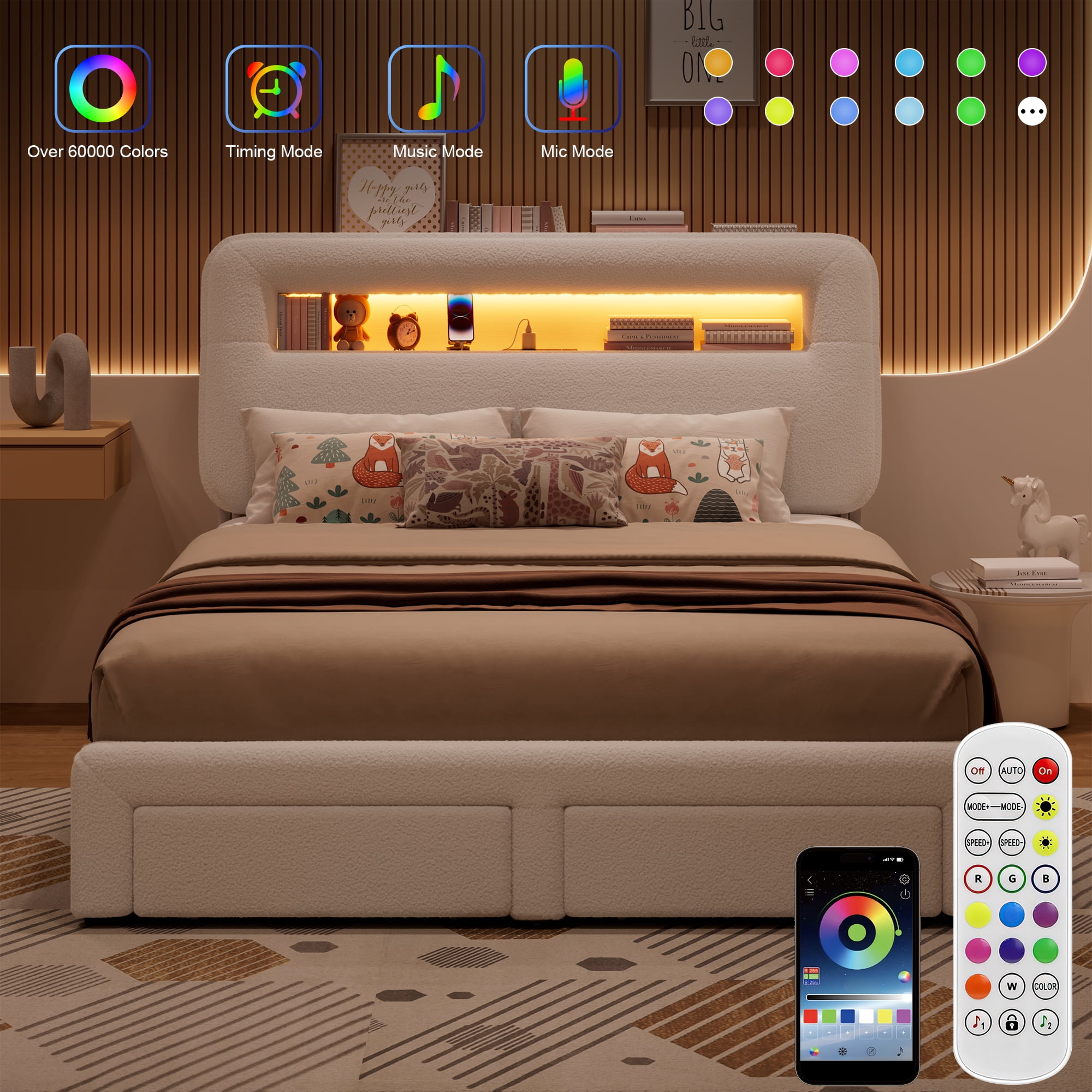 Miniyam King Bed with Storage Drawer, Sherpa Upholstered Headboard, LED Light & USB Charging for Adult