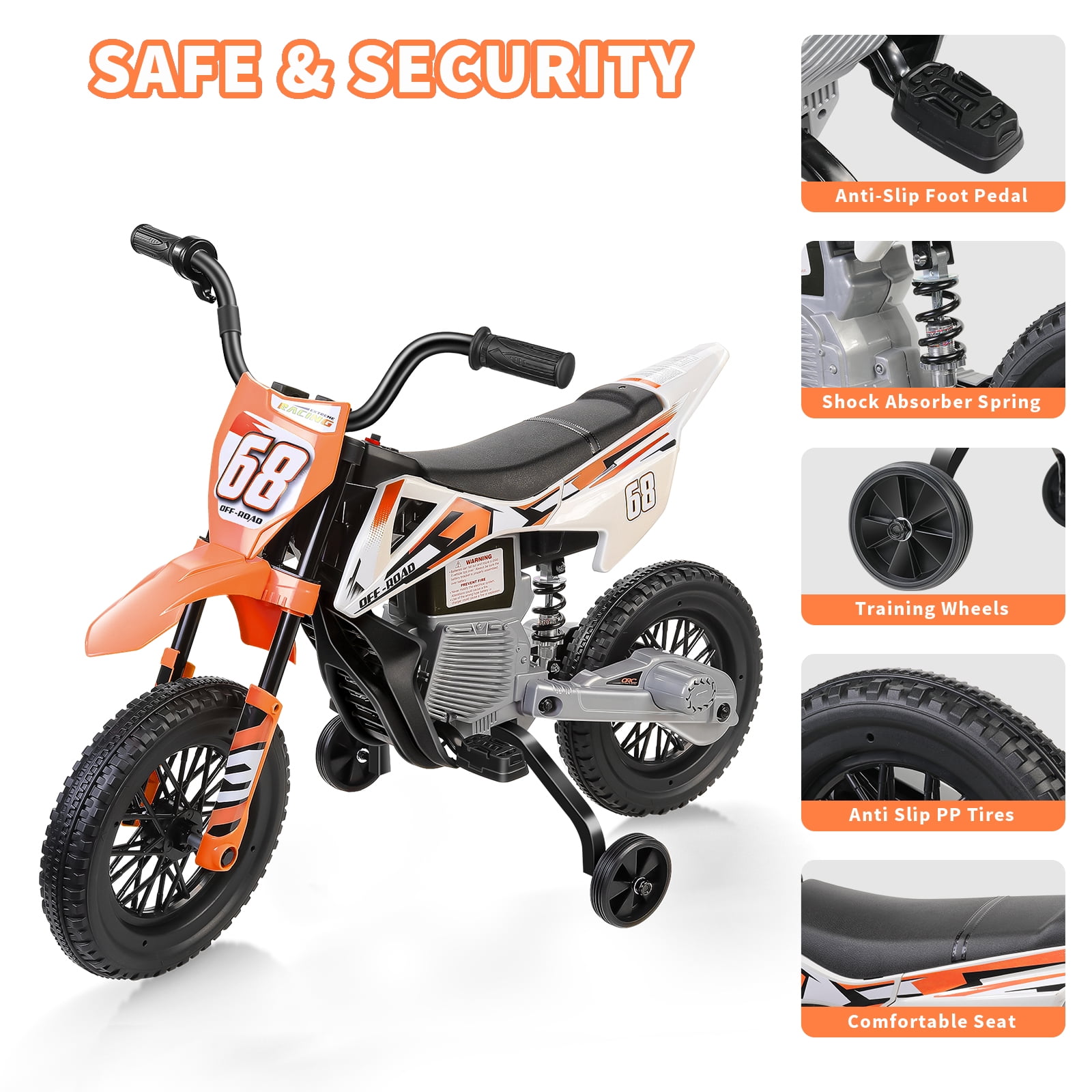 Funcid 12V Electric Dirt Bike with Twist Grip Throttle, Ride on Motorcycle with 2 Training Wheels, Suitable for Ages 3-8, Bluetooth, MP3, Dual Motors, Spring Suspension