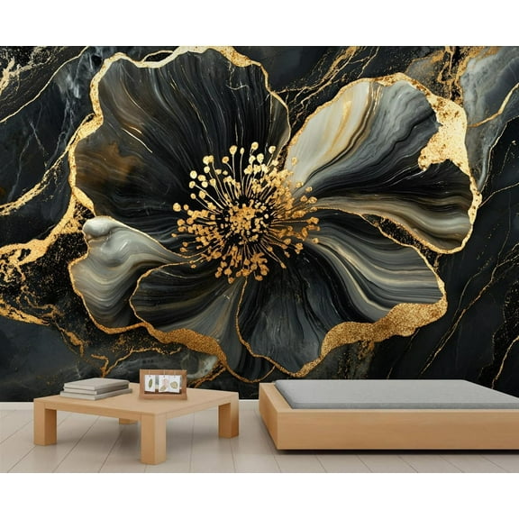 Black Gold Flowers Wall Mural, Luxury Black Gold Marble Mural Wallpaper, Nordic Modern Luxury Art Large Wallpaper For Bedroom Living Room Dining Room 59"W x 39.4"H (Not Peel and Stick)