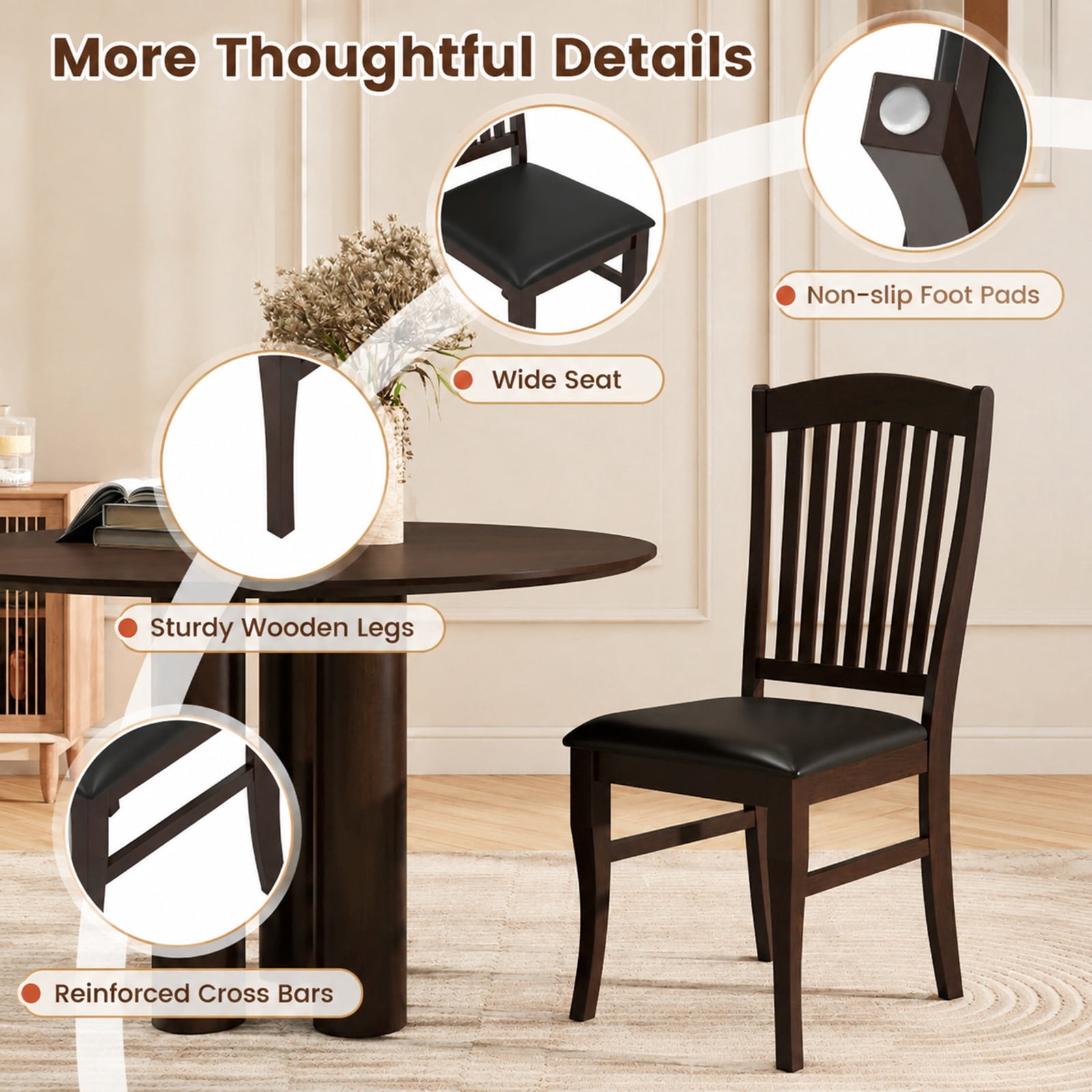 Furnibear Mid Century Dining Chairs Set of 2 Armless Kitchen Side Chairs with Solid Rubber Wood Frame and Curved Legs, Coffee