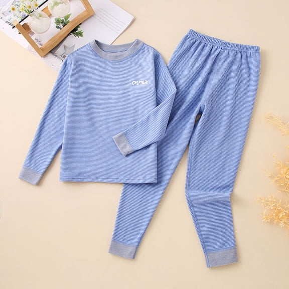 FAIOROI Girls Thermal Pajama Set Long Sleeve - Cotton Pullover Hoodie & Thermal Pants, Solid Blue Winter Outfit Set for Girls Kids Size 2 T