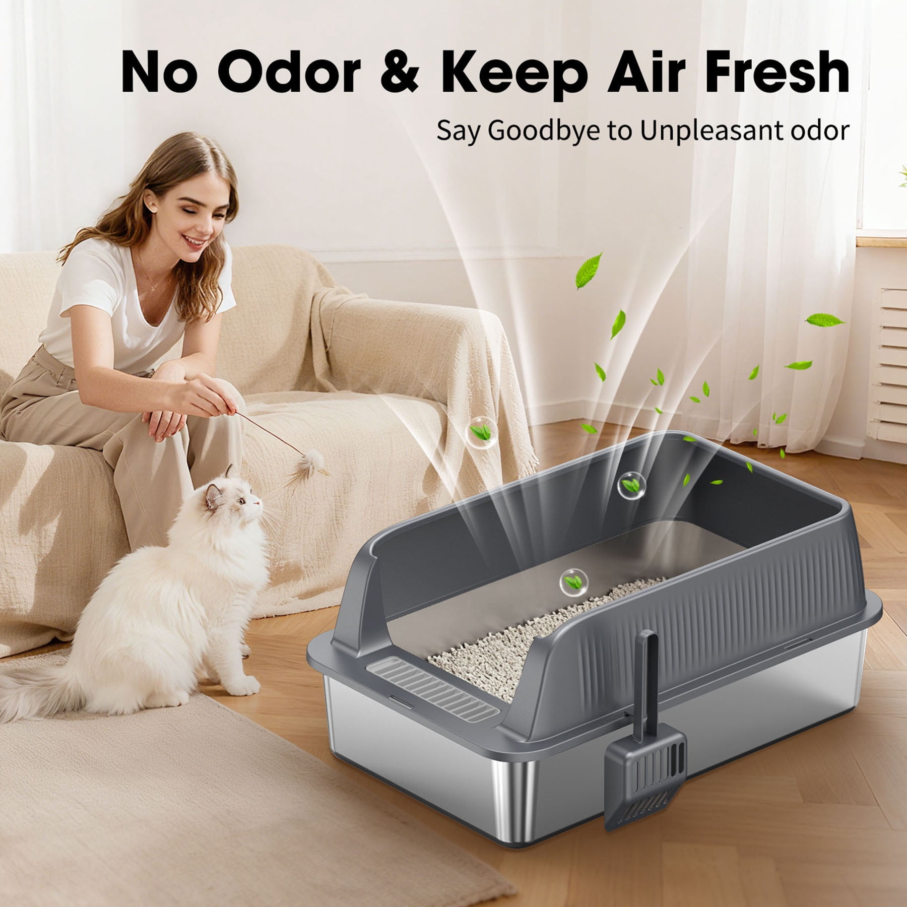S-HOME Black and Silver Stainless Steel Cat Litter Box 22.83 x 14.60 with High Sides and Litter Scoop, Odor-Resistant Design
,  2 Sets