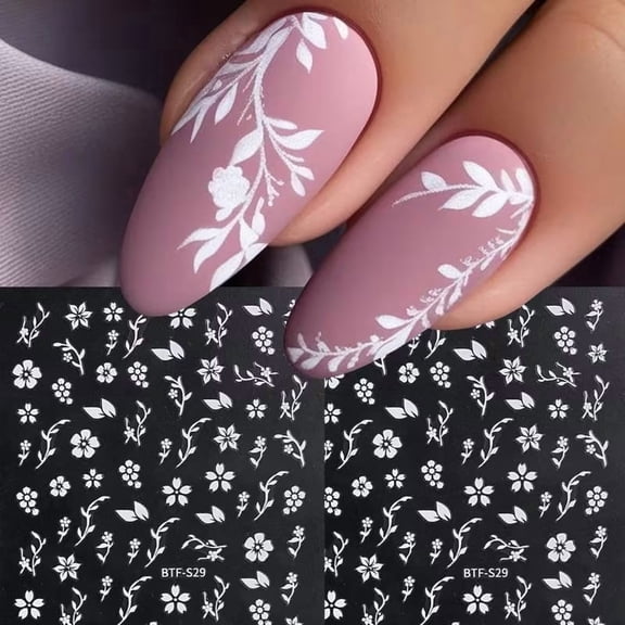 Set of 2 Elegant White Petal Nail Art Stickers - Self-Adhesive Floral Designs for Effortless Nail Decoration