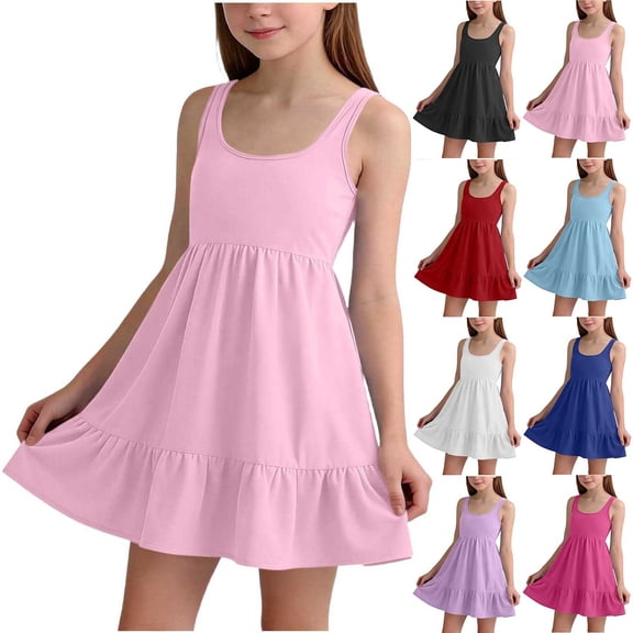 Girl's Summer Dresses Spaghetti Strap Swing Pleated Cotton Dress Tween Kids Boho Beach Casual Midi Sundress Purple 12-13 Years