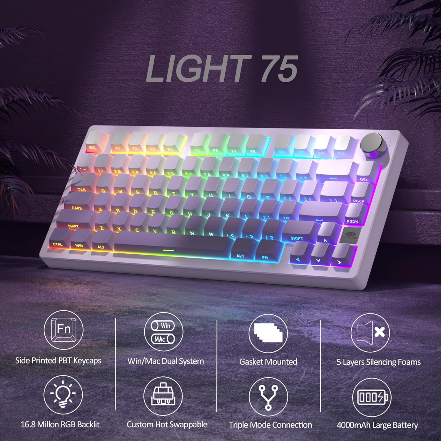 MageGee LIGHT75 Wireless Creamy Keyboard, Gasket Structure Hot Swappable, 75% Compact 2.4G/USB-C/BT5.0 RGB 4000mAh
