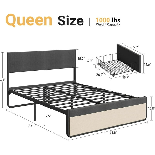 Platform Bed Frame with Headboard & 2 Storage Drawers - Metal Slat Support, No Box Spring Needed, Easy Assembly, Grey Linen